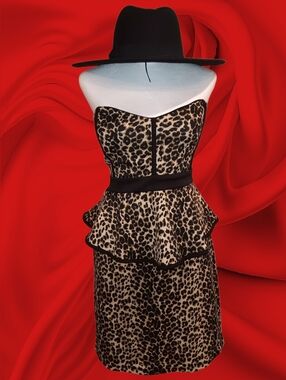 Love J Leopard Print Strapless Peplum Midi Dress in Tan and Black